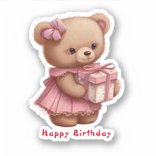 Schattig roze teddybeer verjaardag op maat gesnede sticker (Voorkant)