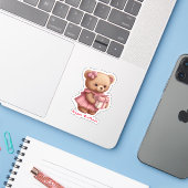 Schattig roze teddybeer verjaardag op maat gesnede sticker (Laptop met iPhone)