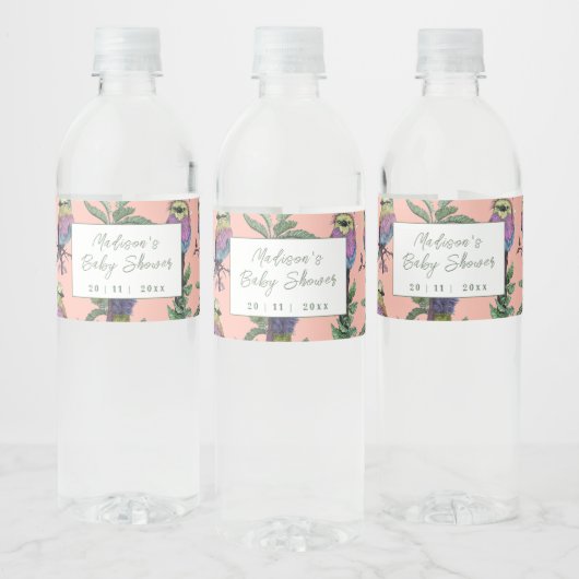 Schattig roze tropische vogel safari Baby shower Waterfles Etiket (Flessen)