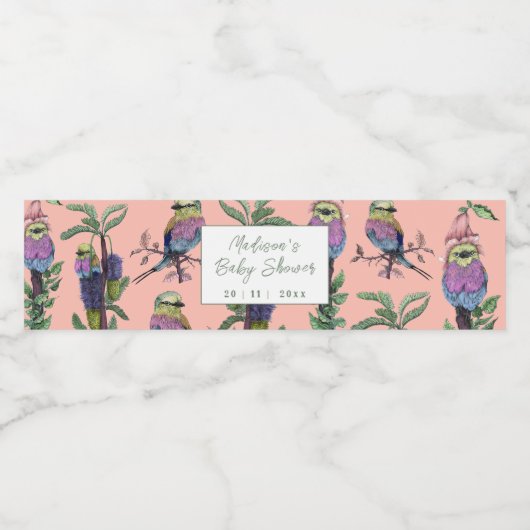 Schattig roze tropische vogel safari Baby shower Waterfles Etiket (Enkel label)