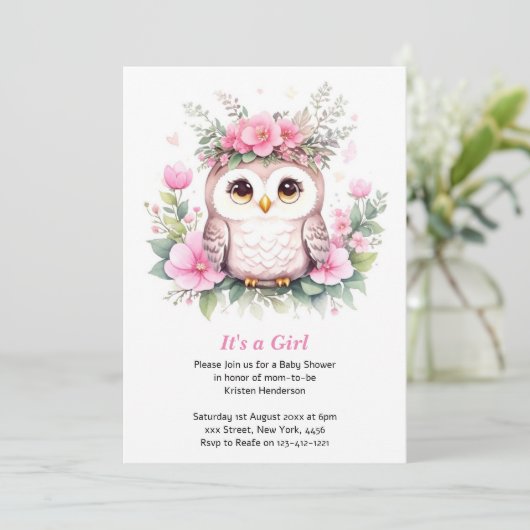 Schattig Roze Uil Meisje Baby shower Kaart (Staand voorkant)