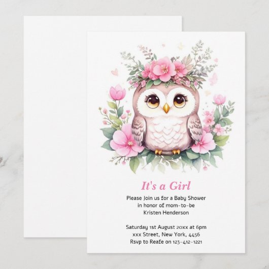 Schattig Roze Uil Meisje Baby shower Kaart (Voorkant / Achterkant)