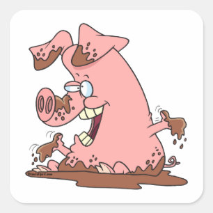 schattig roze varken in modder cartoon vierkante sticker