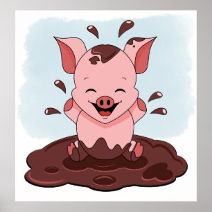 Schattig Roze Varken Speelt In Modder Poster