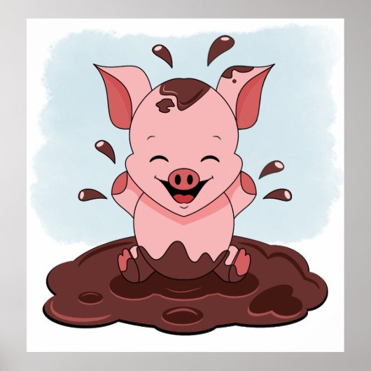 Schattig Roze Varken Speelt In Modder Poster (Voorkant)