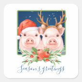 Schattig Roze Varkenspaar Kerst Vierkante Sticker (Voorkant)
