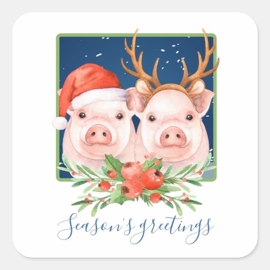 Schattig Roze Varkenspaar Kerst Vierkante Sticker (Voorkant)