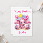 Schattig Roze Verjaardag Olifant met Ballonnen Kaart (Voorkant / Achterkant in situ)