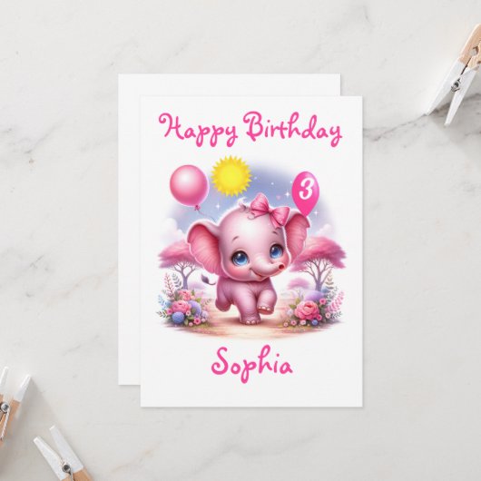 Schattig Roze Verjaardag Olifant met Ballonnen Kaart (Voorkant / Achterkant in situ)