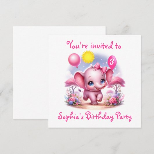 Schattig Roze Verjaardag Olifant met Ballonnen Kaart (Voorkant / Achterkant)