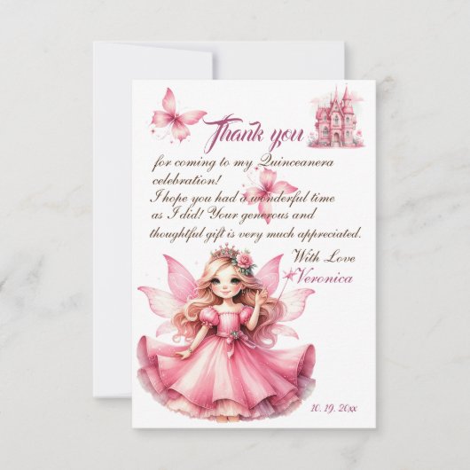 Schattig roze watercolor meisjesachtig kasteel fee bedankkaart (Voorkant)