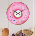 Schattig roze Waterverf donut Grote Klok<br><div class="desc">Deze leuke wandklok is versierd met een waterverf roze donut met sprinkles. Het perfecte cadeau voor een donut liefhebber! Originele Waterverf © Michele Davies.</div>