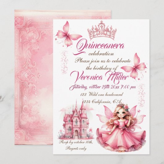 Schattig roze waterverf girly kasteel fee prinses kaart (Voorkant / Achterkant)