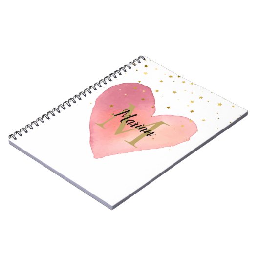 Schattig roze Waterverf hart Monogram Naam Notitieboek (Linkerzijde)