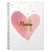 Schattig roze Waterverf hart Monogram Naam Notitieboek (Voorkant)