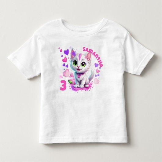 Schattig Roze & Witte Kitten en Harten Verjaardag Kinder Shirts (Voorkant)