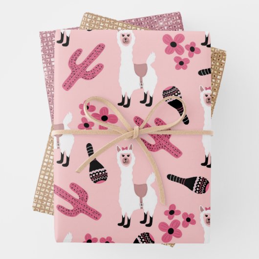Schattig Roze witte Llama Maraca Cactus Floral Inpakpapier Vel (In situ)