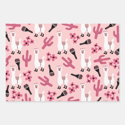 Schattig Roze witte Llama Maraca Cactus Floral Inpakpapier Vel (Voorkant)