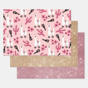 Schattig Roze witte Llama Maraca Cactus Floral Inpakpapier Vel