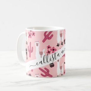 Schattig Roze witte Llama Maraca Cactus Floral Koffiemok