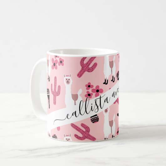 Schattig Roze witte Llama Maraca Cactus Floral Koffiemok (Voorkant links)
