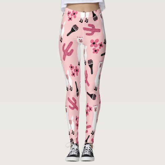 Schattig Roze witte Llama Maraca Cactus Floral Leggings (Voorkant)