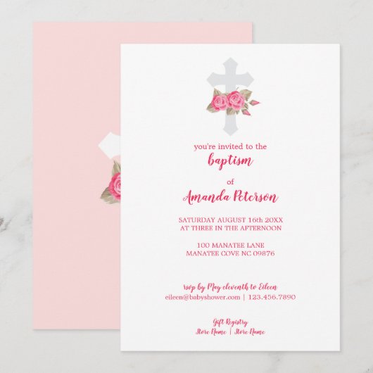 Schattig roze & witte rozen kruis doop kaart (Voorkant / Achterkant)