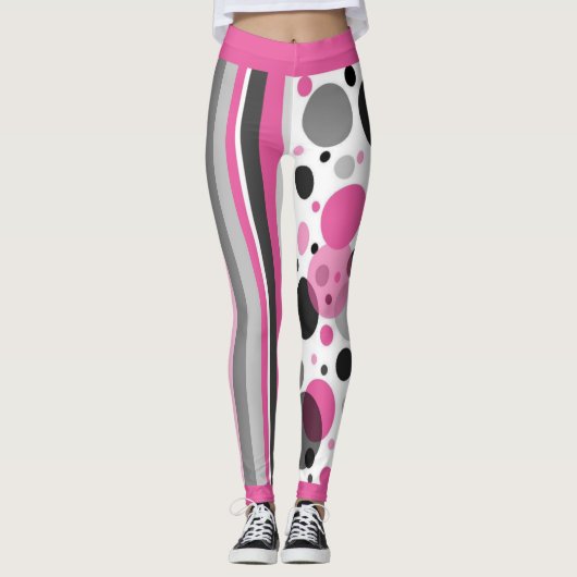 Schattig Roze Zwart & Grijs Abstract Stippenpatroo Leggings (Voorkant)