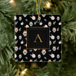 Schattig Roze Zwarte Schedelpatroon Monogram Hallo Keramisch Ornament