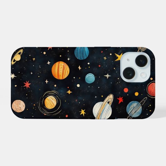 Schattig Ruimte Planeten Patroon iPhone 15 Case (Achterkant horizontaal)