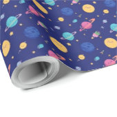 Schattig ruimteontwerp: lachende planeten en schie cadeaupapier (Rol Hoek)