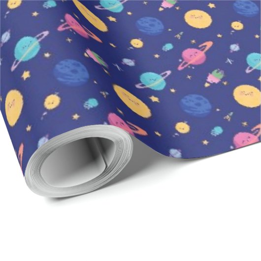 Schattig ruimteontwerp: lachende planeten en schie cadeaupapier (Rol Hoek)