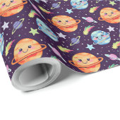 Schattig Ruimteontwerp Lachende Planeten en Schiet Cadeaupapier (Rol Hoek)