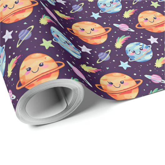 Schattig Ruimteontwerp Lachende Planeten en Schiet Cadeaupapier (Rol Hoek)