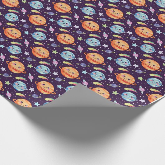 Schattig Ruimteontwerp Lachende Planeten en Schiet Cadeaupapier (Hoek)