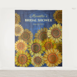 Schattig rustiek boho zonnebloem marineblauw bruid wandkleed