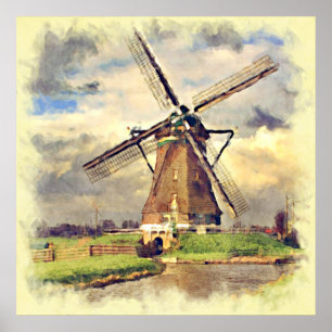 Schattig rustiek vintage Nederlandse windmolen aqu Poster