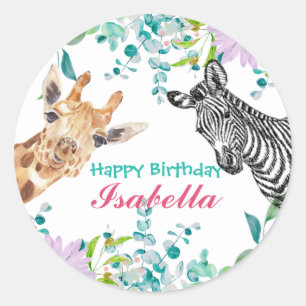 schattig safari zoo dieren oerwoud Bloemen Verjaar Ronde Sticker
