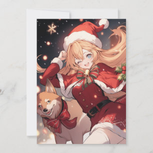 Schattig Santa Anime Meisje en Kerstmis Shiba Hond Feestdagenkaart