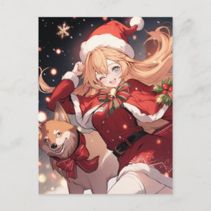 Schattig Santa Anime Meisje en Kerstmis Shiba Hond Feestdagenkaart