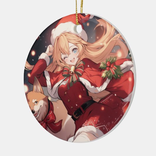 Schattig Santa Anime Meisje en Kerstmis Shiba Hond Keramisch Ornament (Links)