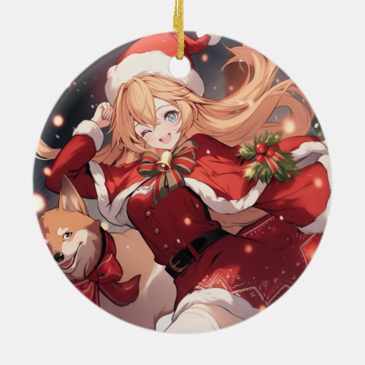 Schattig Santa Anime Meisje en Kerstmis Shiba Hond Keramisch Ornament (Achterkant)