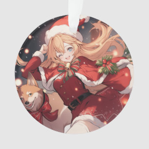 Schattig Santa Anime Meisje en Kerstmis Shiba Hond Ornament