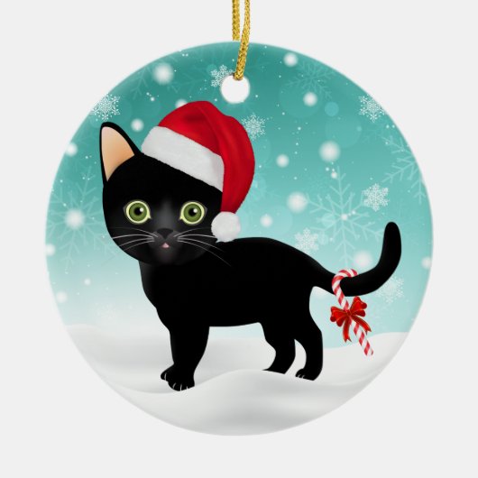 Schattig Santa Hat Black Kat in Sneeuwversier Keramisch Ornament (Voorkant)