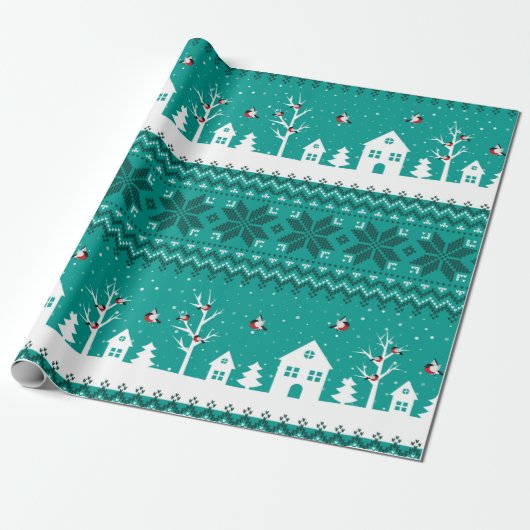 Schattig Santa Pattern Blauwgroen Kerstmis Cadeaupapier (Uitgerold)