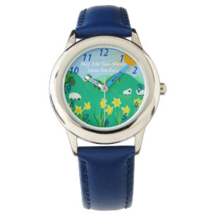 schattig schaap met bomen heuvels blauwe hemel en horloge