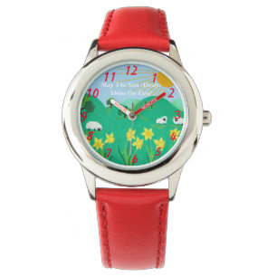 schattig schaap met bomen heuvels blauwe hemel en  horloge