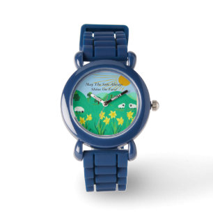 schattig schaap met bomen heuvels blauwe hemel en  horloge