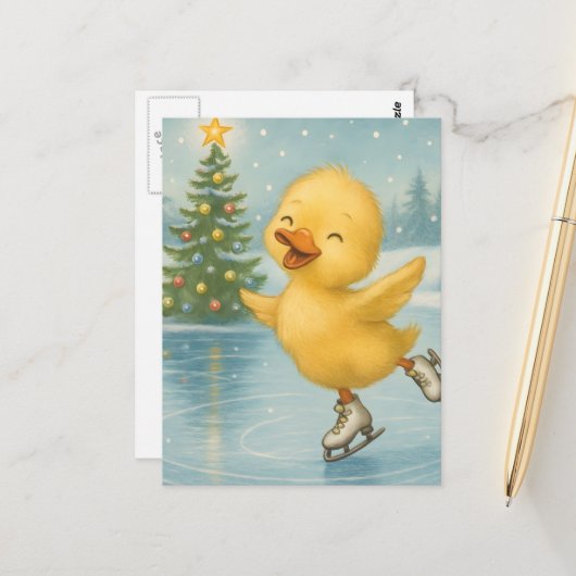 Schattig Schaatsen Kerst Duckling Briefkaart (Voorkant / Achterkant in situ)