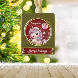 Schattig scharlaken kerst eenhoorn meisje foto verguld banner ornament
